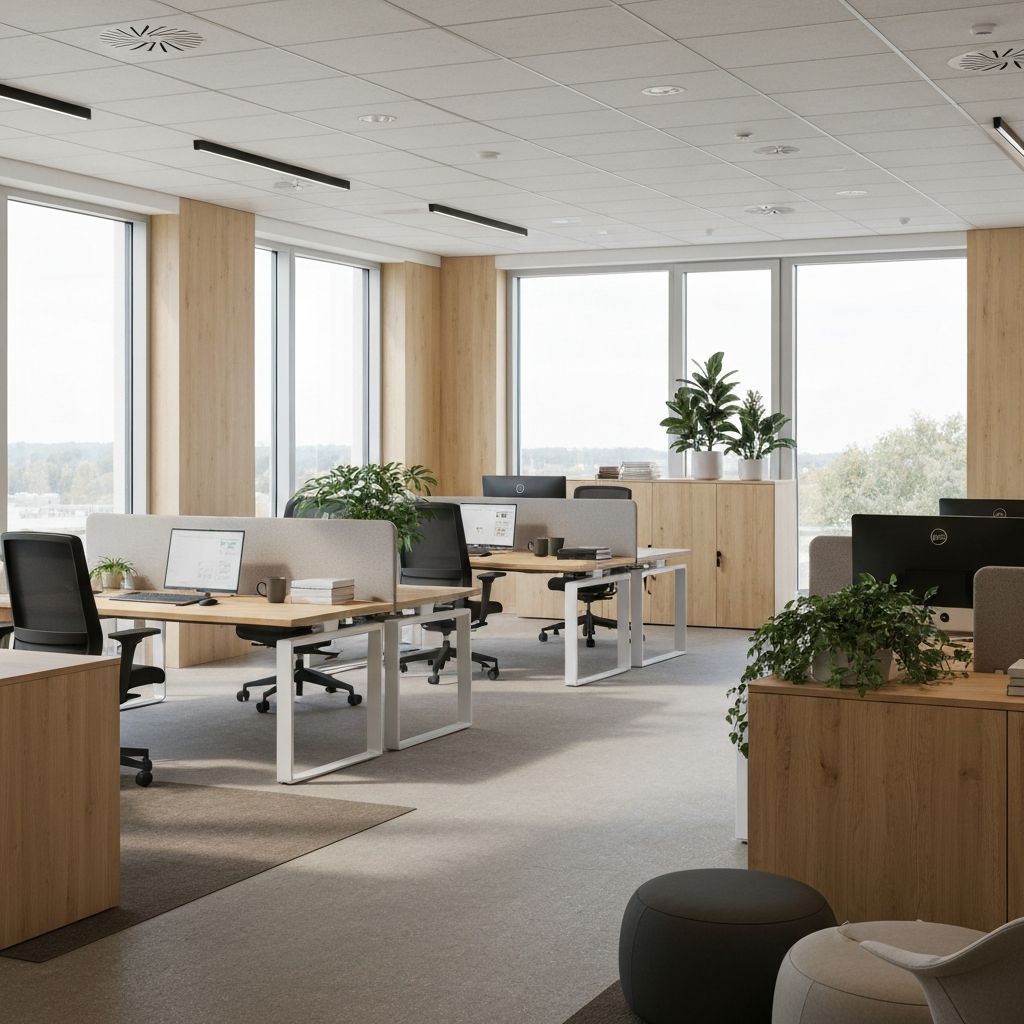 Modernes minimalistisches Büro mit natürlichem Licht und Holzelementen