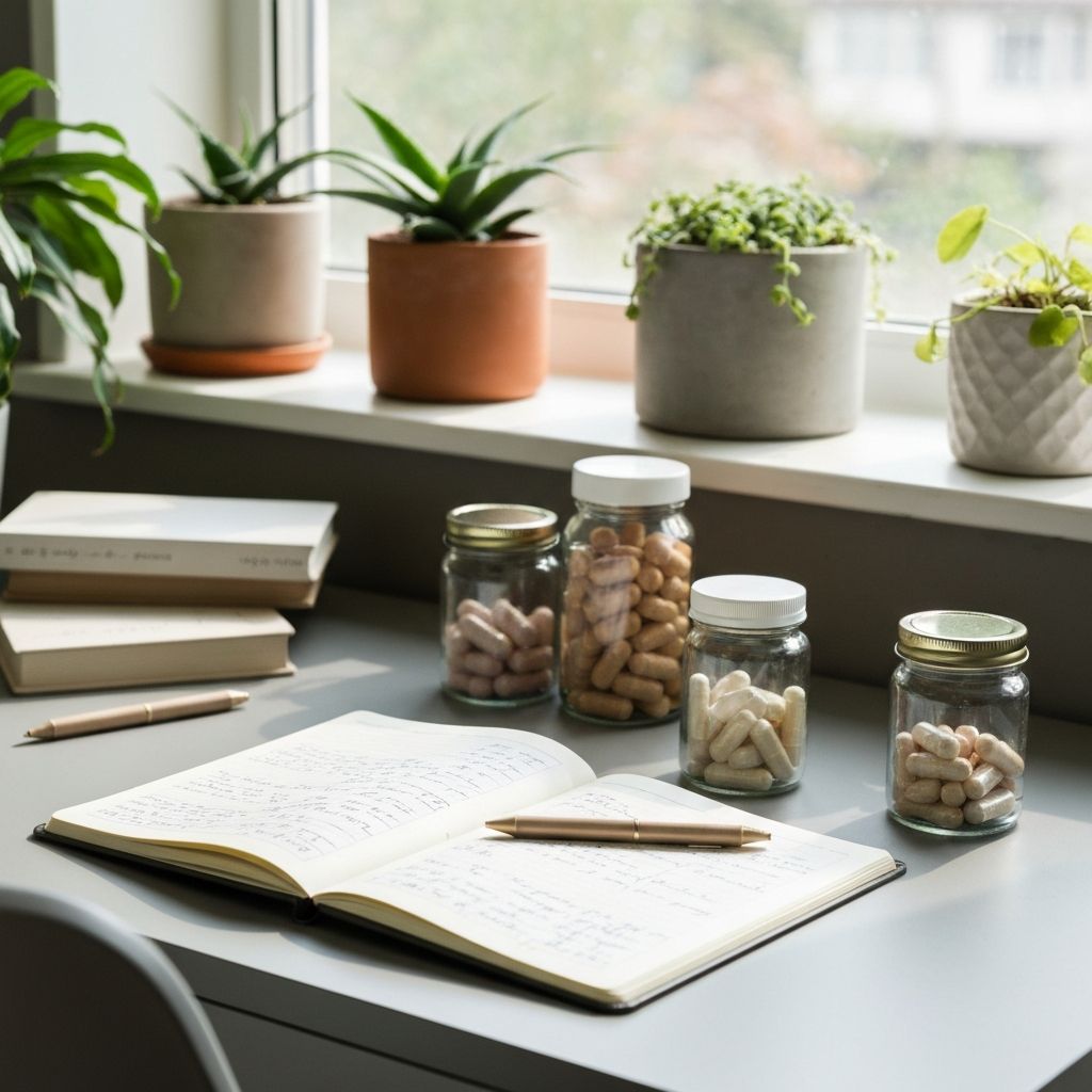 Offenes Notizbuch mit handschriftlicher Liste neben Glaskrügen mit Vitaminen