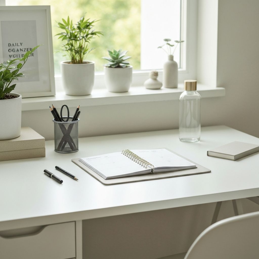 Minimalistischer Schreibtisch mit Tagesplaner und Wasserflasche